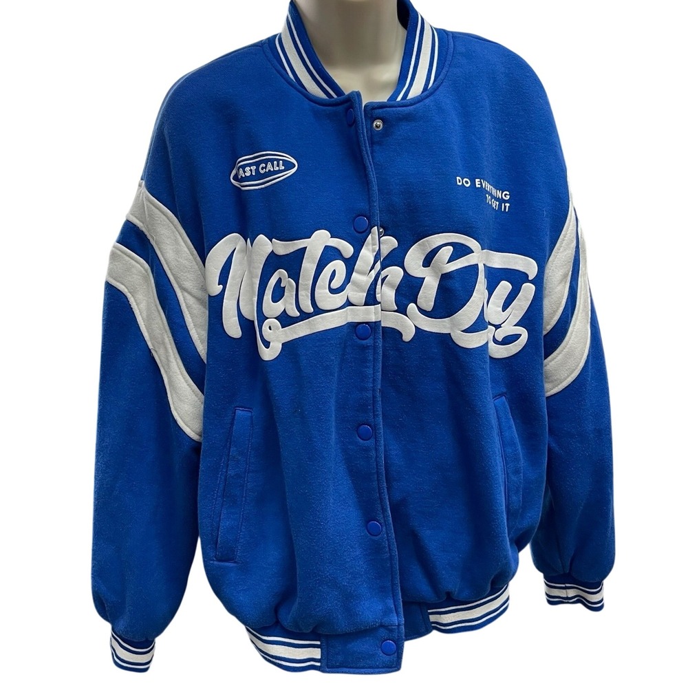 Bershka Mens Blue Match Day Varsity Bomber Jacket Size‎ M Snap Front Streetwear
